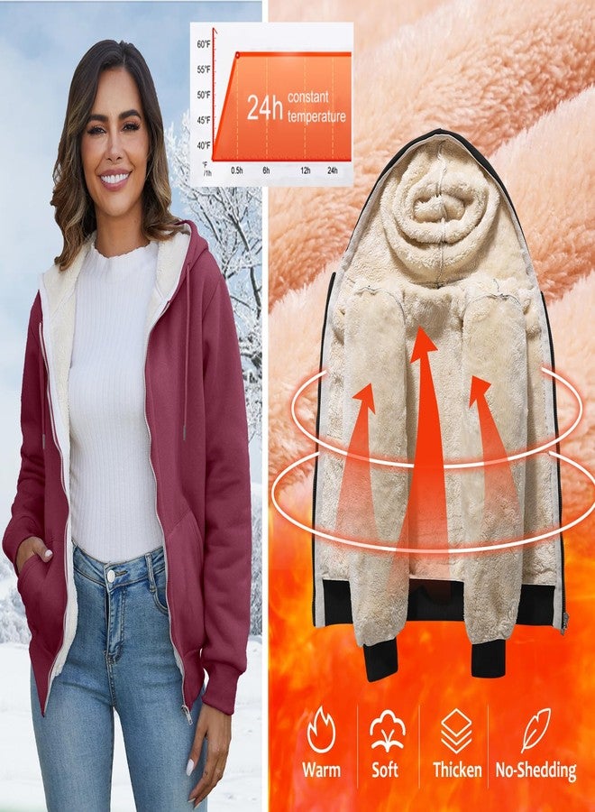 flygo جاكيت شتوي نسائي من Flygo بغطاء رأس وسحاب أمامي، مبطن بصوف الشيربا الدافئ (لون عنابي - مقاس XS) - Image 2